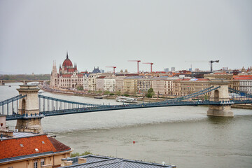 Panoramic view on skyline of Budapest city with Chain Bridge along Danube River. Architecture of...