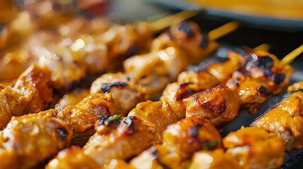 Succulent close-up of marinated chicken skewers on a grill, capturing the essence of barbecue cooking and flavors