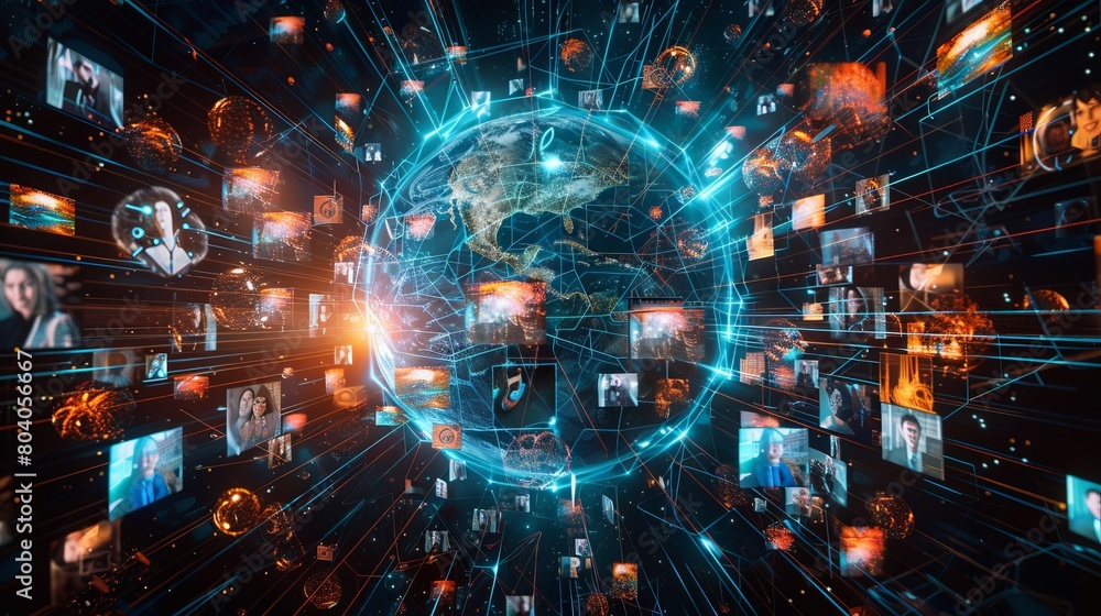 Poster illustration of a digital globe surrounded by dynamic networks and data points representing global c