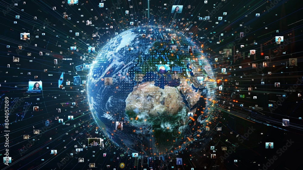 Poster an intricate network globe formed from social media profiles, each photo a pixel in a larger image o