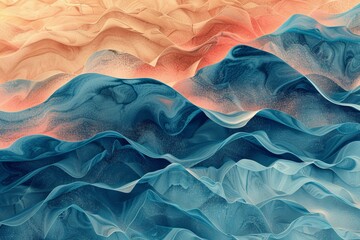 Abstract pattern in turquoise and warm sand hues, with extensive negative space and rule of thirds. Chaotic yet mesmerizing, perfect for wallpaper.