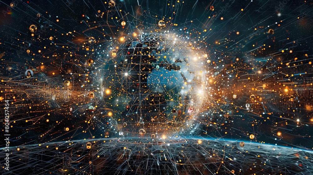 Poster an intricate network globe formed from social media profiles, each photo a pixel in a larger image o
