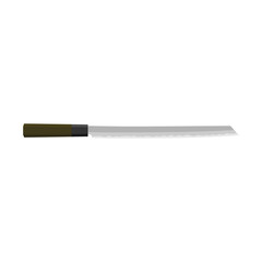 Burja, Japanese-made prosciutto knife flat design illustration isolated on white background. A traditional Japanese kitchen knife with a steel blade and wooden handle.