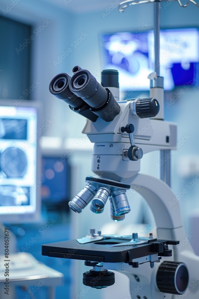 Poster a close up of a microscope with a monitor in the background. ideal for scientific and research conce