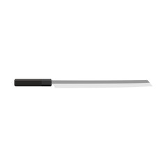 Burja, Japanese-made prosciutto knife flat design illustration isolated on white background. A traditional Japanese kitchen knife with a steel blade and wooden handle.