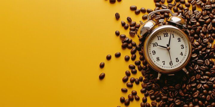 Alarm clock in coffee beans on an empty yellow background. Break or awakening concept
