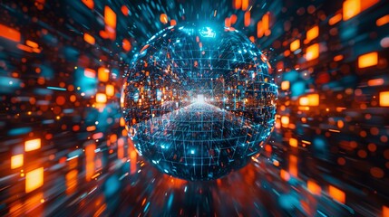 a social media ball rotating in cyberspace, each picture on its surface blinking as if live, depicting real-time online activity