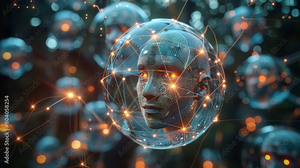 Poster futuristic representation of a social media sphere where each segment is a user's face, interconnect