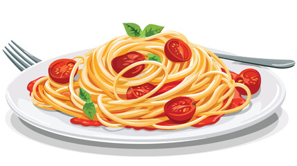 Plate with tasty pasta and tomato sauce on white background