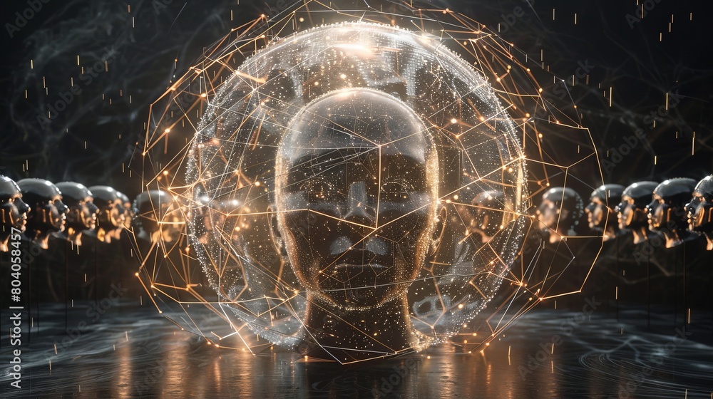 Poster futuristic representation of a social media sphere where each segment is a user's face, interconnect