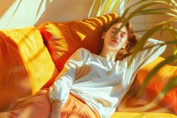 Fototapeta premium A woman laying on a couch with her eyes closed. Suitable for relaxation and lifestyle concepts