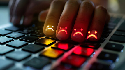 Hands typing on a colorful illuminated keyboard. The concept of cyberbullying