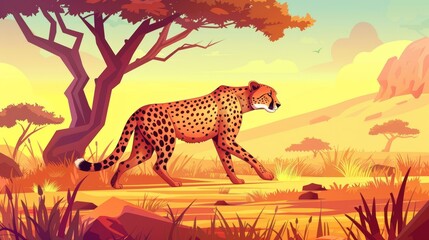 The cheetah walks in the savannah. African wild cat with spotted fur. Modern cartoon illustration showing a scene in a safari park with a gepard walking and looking around.