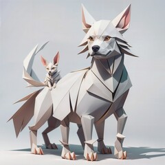 A paper origami creation of a white fox with a smaller fox cub sitting on its back.