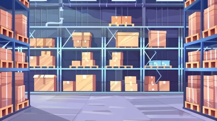 The interior of a storage room with shelves with cartons packages and wooden pallets on them, closed rolling shutter gates, is illustrated in modern form as an empty warehouse with cardboard boxes on