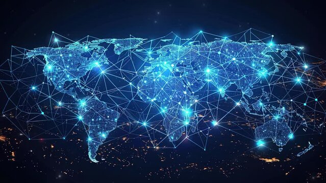 Abstract world map concept with global networks, connectivity, cyber technology and telecommunications. Technology scene background with simple structure.