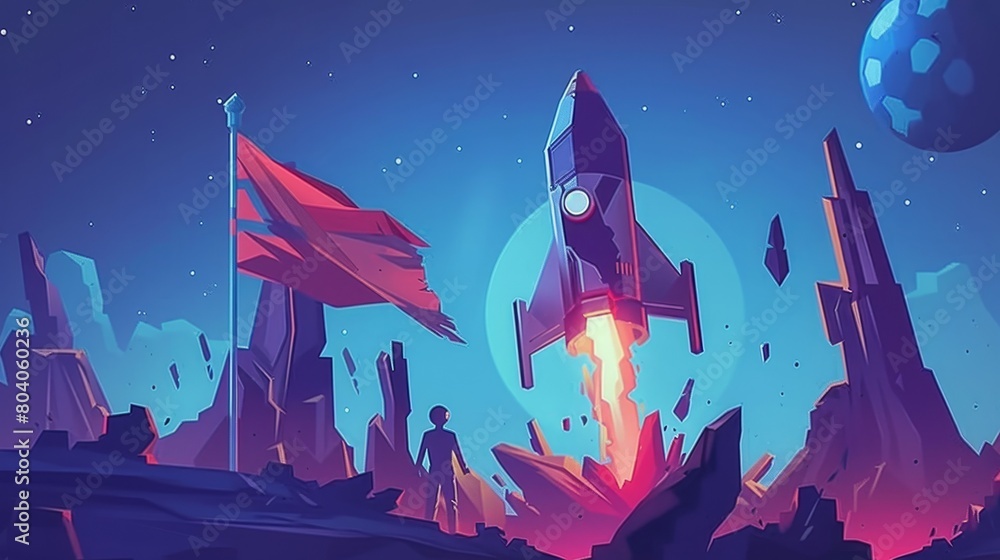 Poster the wreckage of an ufo spaceship on an alien planet with a silhouette of a man with a flag and a bro