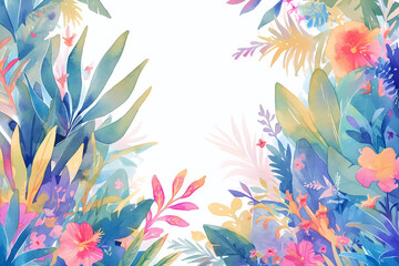 Watercolor illustration of tropical leaves and flowers. Vacation and summer travel concept. Design for a resort's promotional material. Interior poster for a spa or wellness center. Banner with copy s