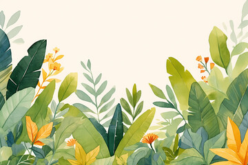 Watercolor illustration of tropical leaves. Vacation and summer travel concept. Design for a resort's promotional material. Interior poster for a spa or wellness center. Banner with copy space.