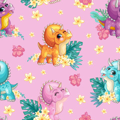 Naklejka premium Cute dinosaur on a pink background seamless pattern vector