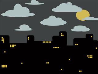 Night life in big city. Landscape, made of abstract buildings with light in it's windows, cartoon clouds, moon. Flat vector illustration.