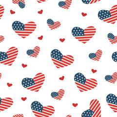 Seamless pattern of American flags in the shape of hearts on white. Independence day and Memorial day concept. Vector flat illustration.