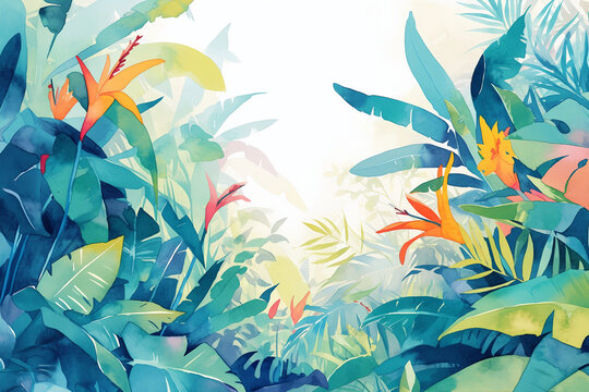 Watercolor illustration of tropical leaves. Vacation and summer travel concept. Design for a resort's promotional material. Interior poster for a spa or wellness center. Banner with copy space.