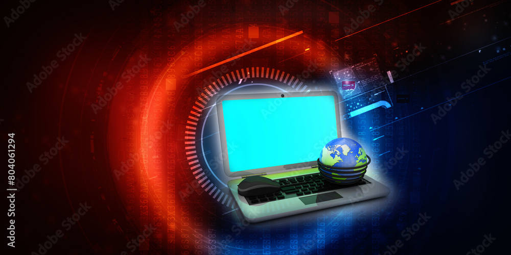 Poster 3d rendering globe with mouse in laptop