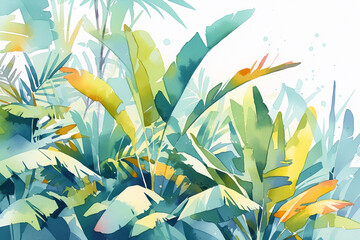 Watercolor illustration of tropical leaves. Vacation and summer travel concept. Design for a resort's promotional material. Interior poster for a spa or wellness center. Banner with copy space.