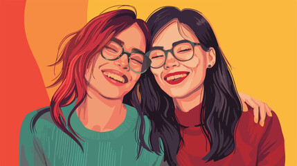Portrait of happy lesbian couple on color background