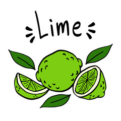 Green Lime lettering, slice, whole and half with leaves. Vector cartoon illustration isolated on white.