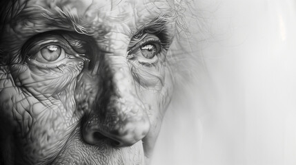  A hyper-realistic pencil drawing of an elderly man's face, focusing on his expressive eye and detailed features.