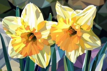 Two vibrant yellow daffodils with green stems. Perfect for spring-themed designs