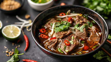 An appetizing image of a beef pho bowl, with rich broth and fresh herbs, capturing the essence of this traditional Vietnamese dish