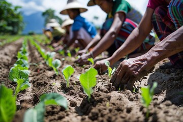 Hand planted crops by farmers.