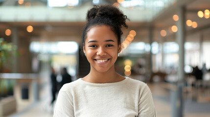 Modern youth representative. Headshot portrait of happy smiling millennial mixed race woman employee student posing in office university. Casual young black female teenager look at camera in good mood