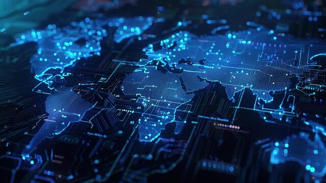 Abstract world map concept with global networks, connectivity, cyber technology and telecommunications. Technology scene background with simple structure.