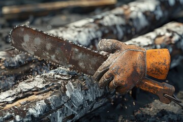 A person holding a chainsaw on top of a pile of wood. Suitable for industrial or construction concepts