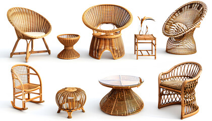 table chair armchair and other rattan furniture on a white background