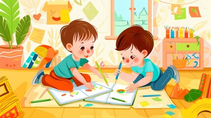 Brothers playing in a daycare room or a bedroom interior. Children painting on a wooden floor while sitting on scattered pencils, Cartoon linear flat modern illustration.