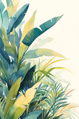 Watercolor illustration of tropical leaves. Vacation and summer travel concept. Design for a resort's promotional material. Interior poster for a spa or wellness center. Banner with copy space.