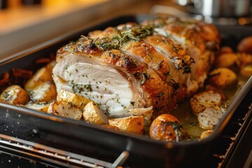 A delicious meal of meat and potatoes in a roasting pan. Perfect for food blogs or recipe websites