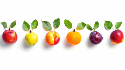Apple, plum, almond, cherry, peach, apricot, grape sprouts in a row, the distance between the images is 3 cm, on a white background, templates for designers, gif, isolated on a white background