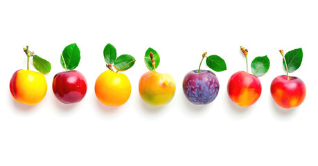 Apple, plum, almond, cherry, peach, apricot, grape sprouts in a row, the distance between the images is 3 cm, on a white background, templates for designers, gif, isolated on a white background