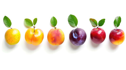 Apple, plum, almond, cherry, peach, apricot, grape sprouts in a row, the distance between the images is 3 cm, on a white background, templates for designers, gif, isolated on a white background