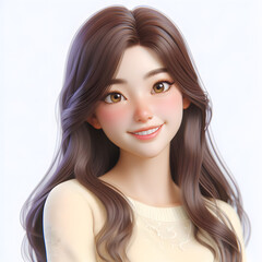 Naklejka premium Happy Asian cartoon character girl, young woman portrait, female, happy mood, feeling expression concept, beautiful eyes, 3d style, isolated on a white background