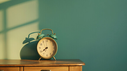 Alarm clock on table near green wall closeup