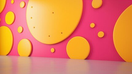 A dynamic, pop art-inspired wall, its background a vivid hot pink with oversized, yellow polka dots.