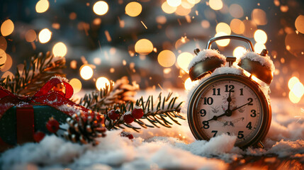 Alarm clock snow and Christmas decor against blurred