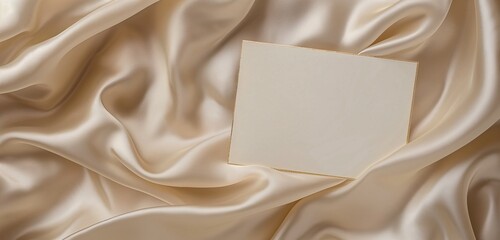 A fancy, gold-edged blank invitation card, resting on a luxurious, silk fabric background, the card's creamy texture inviting a touch of elegance.